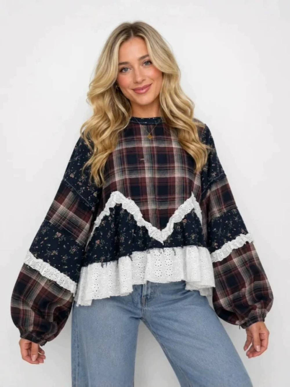 ZARA Womens Lace Plaid Long Sleeve Loose Round Neck Casual Top